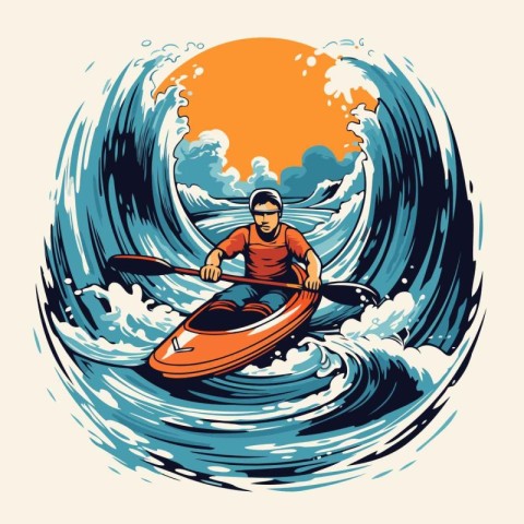 Man in a kayak on the waves. Vector illustration in retro style.