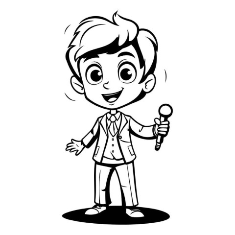 Black and White Cartoon Illustration of Boy with Microphone for