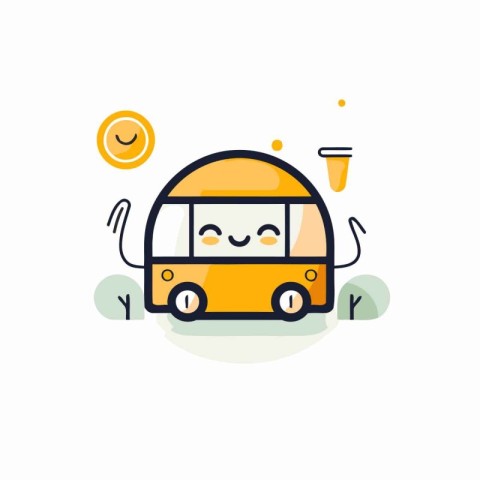 Vector illustration of cute bus character with smiley face in fl