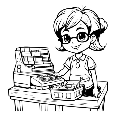 Black and White Cartoon Illustration of Little Girl Using a Retr