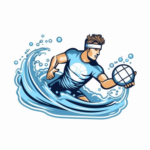 Water polo player with ball and racket on the wave. Vector illus