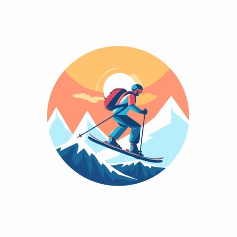 Skier in the mountains. Winter sport. Vector illustration in fla