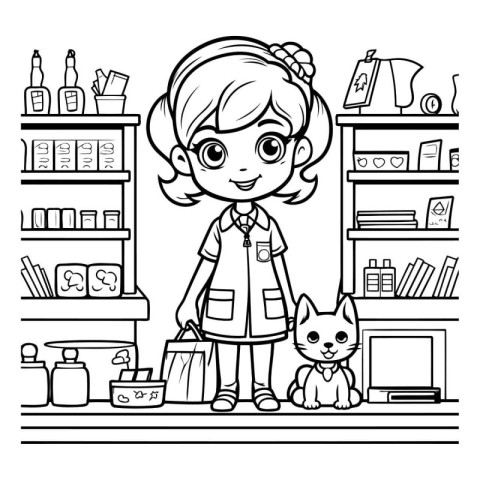 Girl with cat in pet shop. Black and white vector illustration.