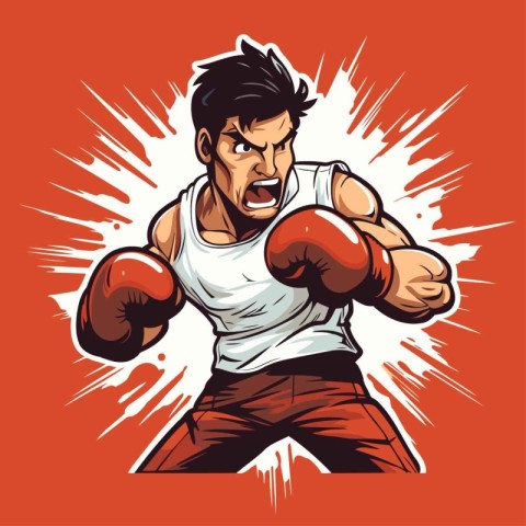 Angry boxer with red boxing gloves. Vector illustration in retro