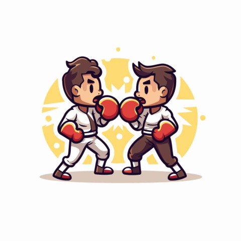 Cartoon boy and girl boxing. Vector illustration on white backgr