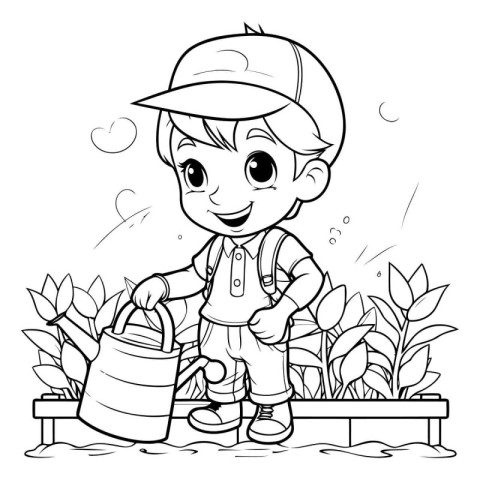 Black and White Cartoon Illustration of Cute Little Boy Watering