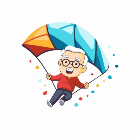 Happy old man flying on a parachute. Vector illustration in cart