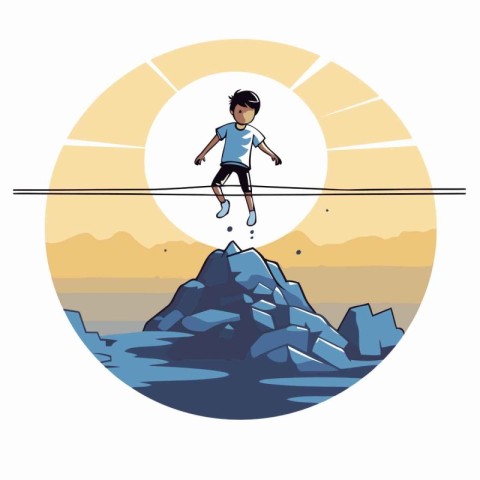 Boy balancing on rope over rocks cartoon round icon vector illus