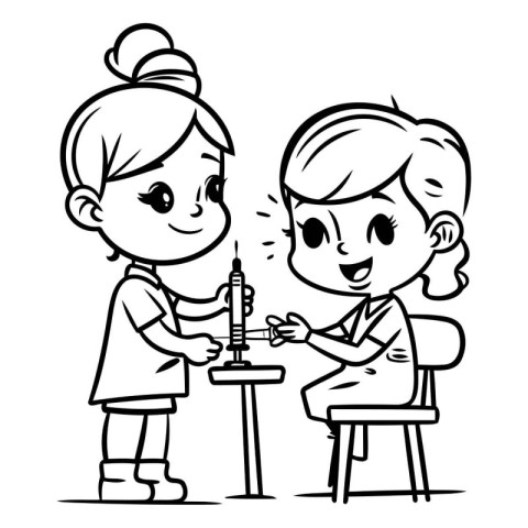 Illustration of a Little Girl Giving an Syringe to a Boy