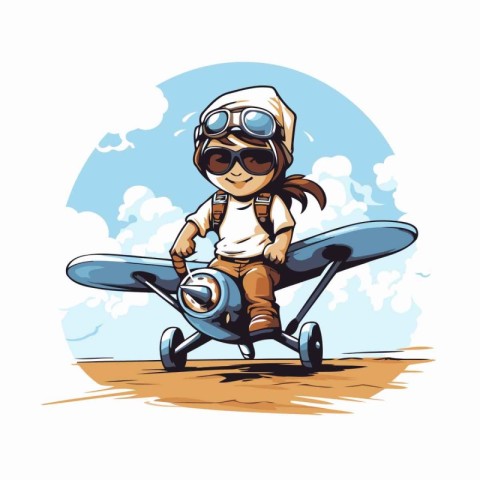 Vector illustration of a cartoon pilot with a propeller plane on