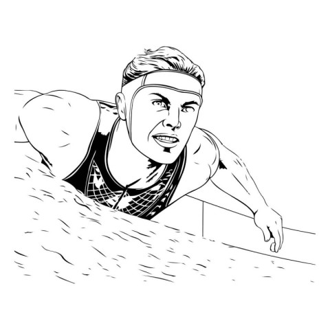 Vector illustration of a man swimming in the pool. Black and whi