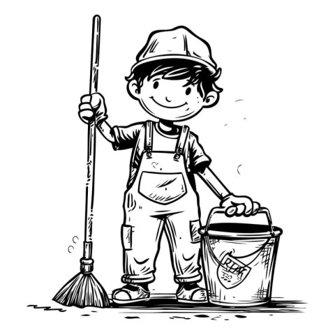 Cartoon illustration of a cleaning boy with a broom and bucket.