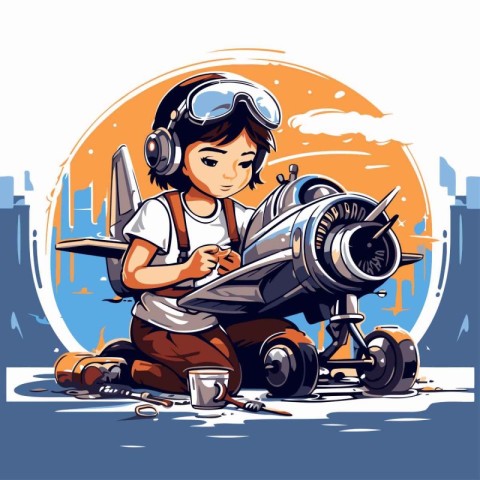 Little boy pilot with airplane on the background of the city. Ve