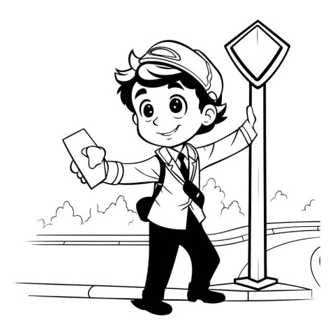 Cute boy with traffic signal cartoon in black and white vector i