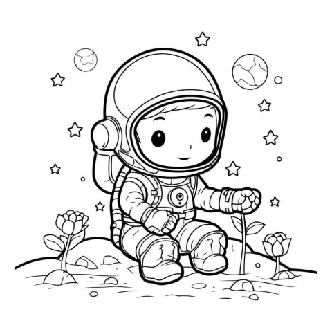 Coloring Page Outline Of Cartoon Astronaut Vector Illustration.