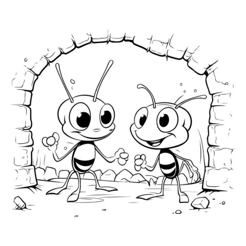 Ants in the cave. Black and white vector illustration for colori