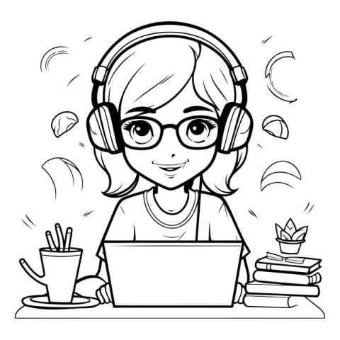 Teenager girl with laptop and headphones. Vector illustration in