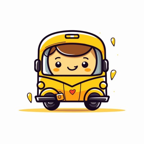 Cute cartoon boy in spacesuit driving a school bus. Vector illus