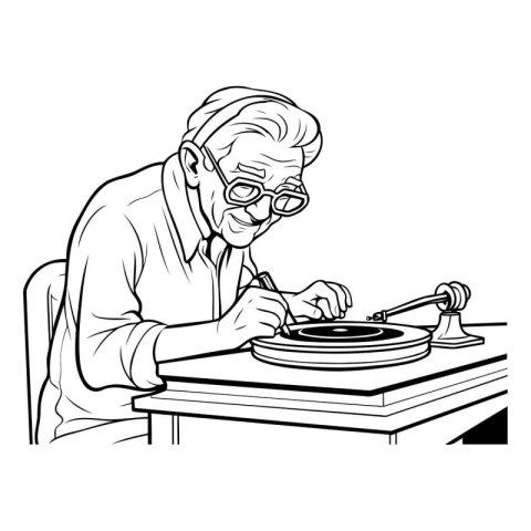 Old man playing a turntable. Vector illustration in black and wh