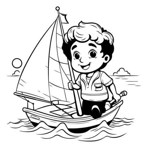 Boy sailing on a boat. Black and white vector illustration for c