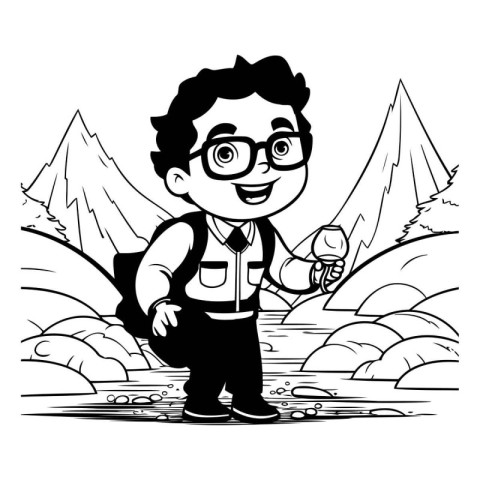 Funny boy with a fishing rod in the mountains. Vector illustrati