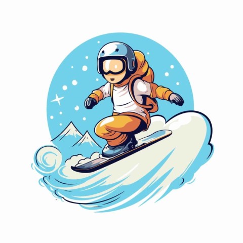 Snowboarder in helmet riding a snowboard. Vector illustration.