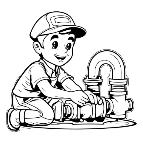 Plumber boy with pipe and water tap. black and white vector illu