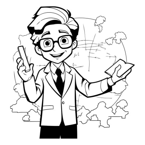 Black and White Cartoon Illustration of a Male Scientist Holding