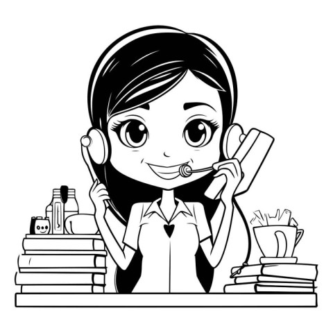 Teenager girl with headset and set of supplies cartoon vector il