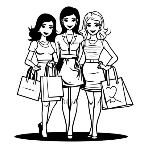 Women with shopping bags. Black and white vector illustration of