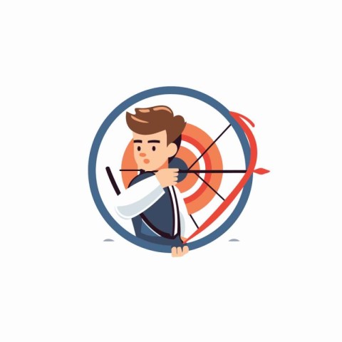 Businessman with bow and arrow aiming at target. Vector illustra