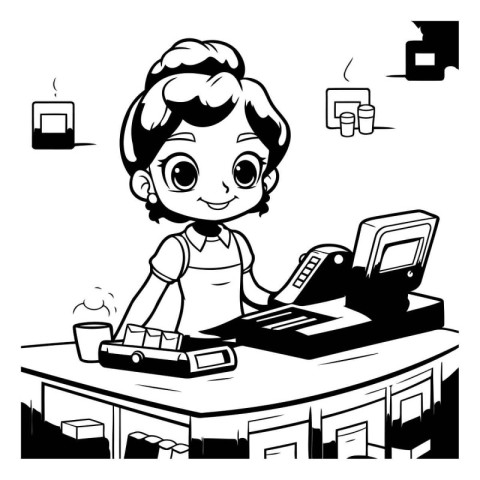 Black and White Cartoon Illustration of a Cute Girl Using a Comp