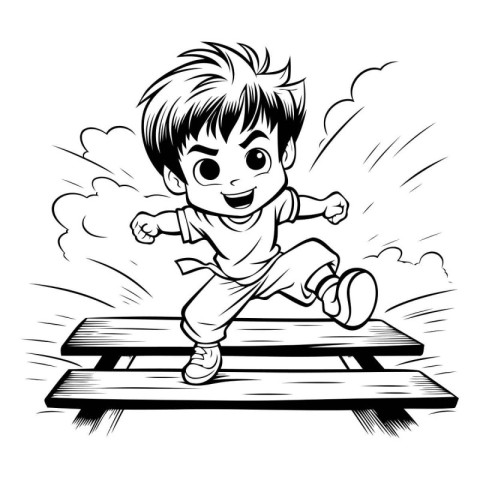 Little boy running on a wooden platform. black and white vector