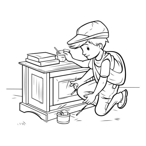 A boy is painting a fireplace. Black and white vector illustrati