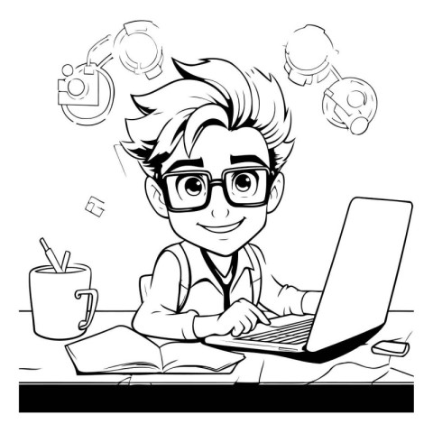 Teenager working at the computer in the office. black and white