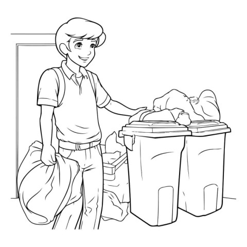 Young man throwing garbage in the trash can. Black and white vec