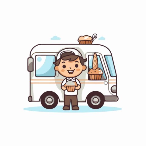 Cute little boy with a cupcake and a van. Vector illustration.