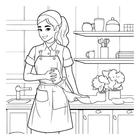 Housewife in the kitchen. Housewife in the kitchen. Black and wh