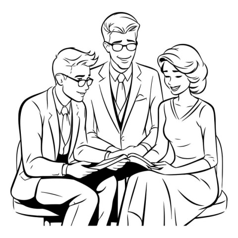 Business people reading a book. Vector illustration in black and