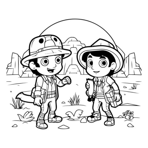 Coloring Page Outline Of a Boy and a Girl With Backpacks