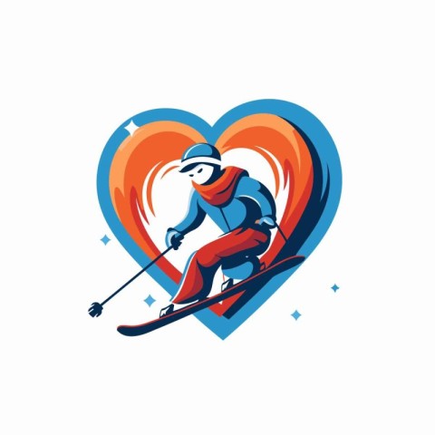 Skiing man vector logo. Skier with skis and heart.