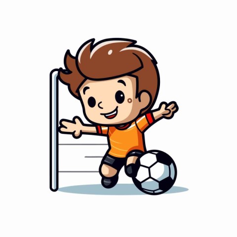 Soccer player cartoon vector illustration. Cute boy kicking the