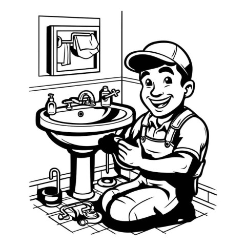 Plumber in the bathroom. Black and white vector illustration for