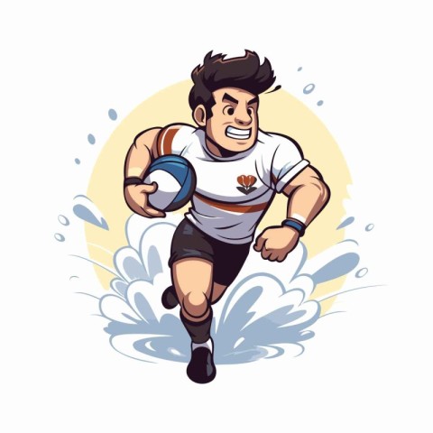 Rugby player with ball. Vector illustration in cartoon style.