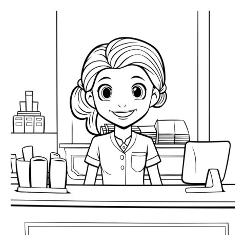 Black and White Cartoon Illustration of Cute Girl at the Coffee