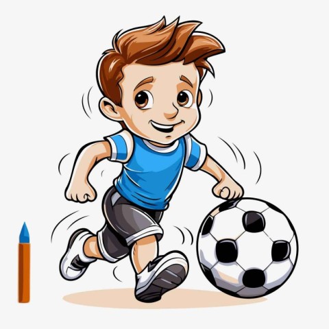 Cartoon boy playing soccer with ball and pencil. Vector illustra