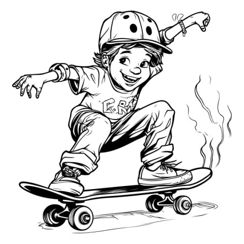 Cute boy riding skateboard. sketch for your design. Vector illus