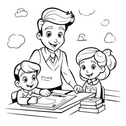 Black and White Cartoon Illustration of Father and Children Stud