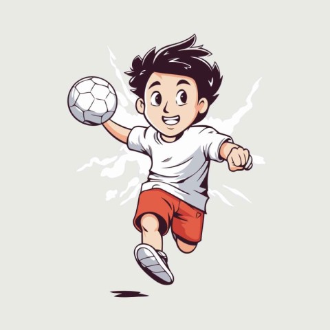 Cartoon soccer player jumping and kicking the ball. Vector illus