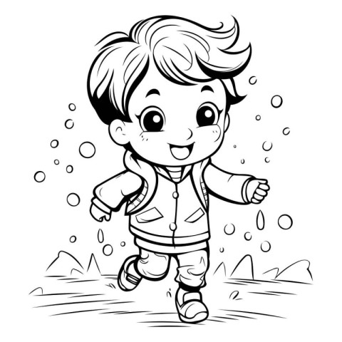 Vector illustration of a little boy running in the rain. Colorin